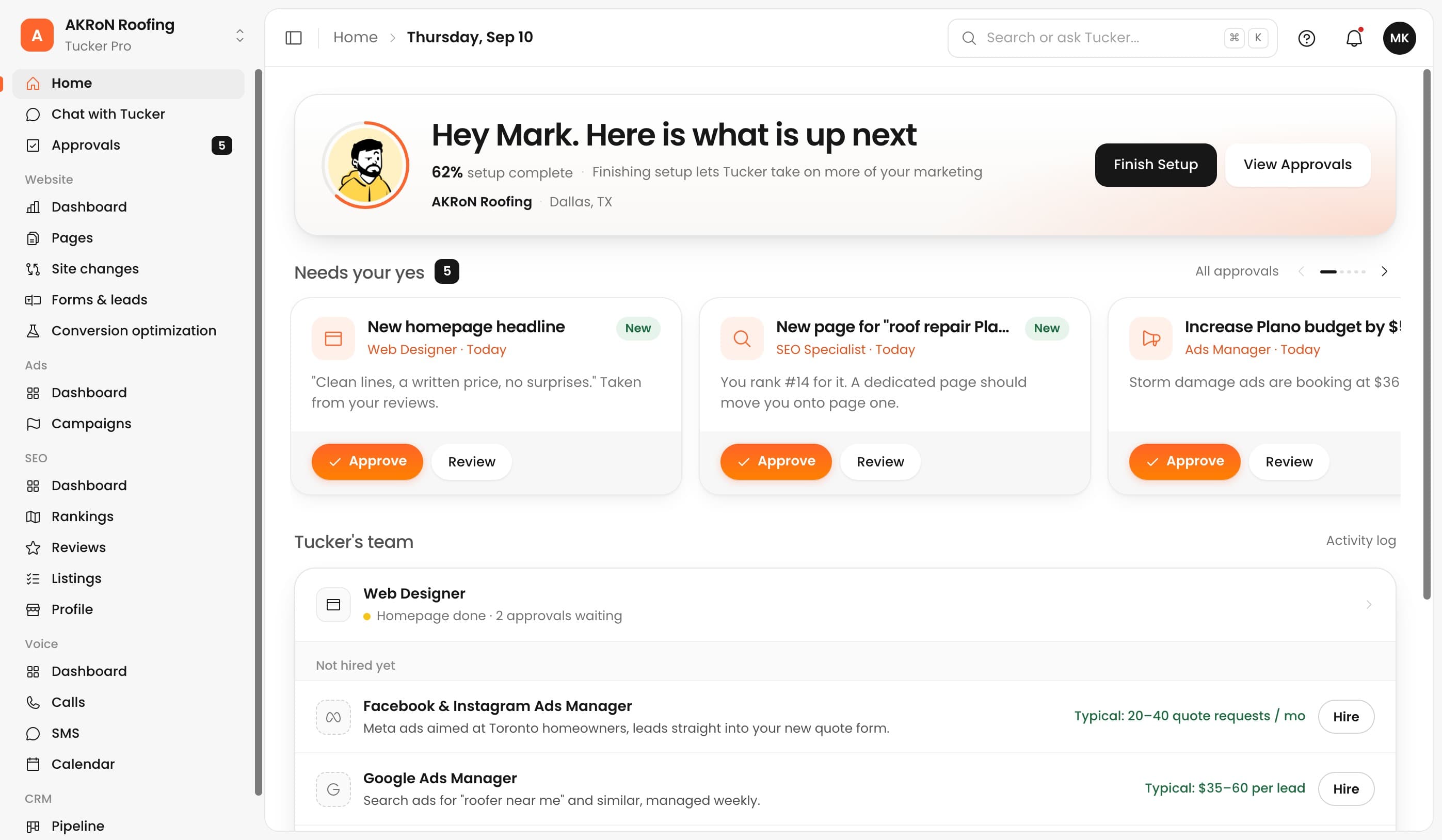 Tucker dashboard: setup progress, approvals waiting, and Tucker's team